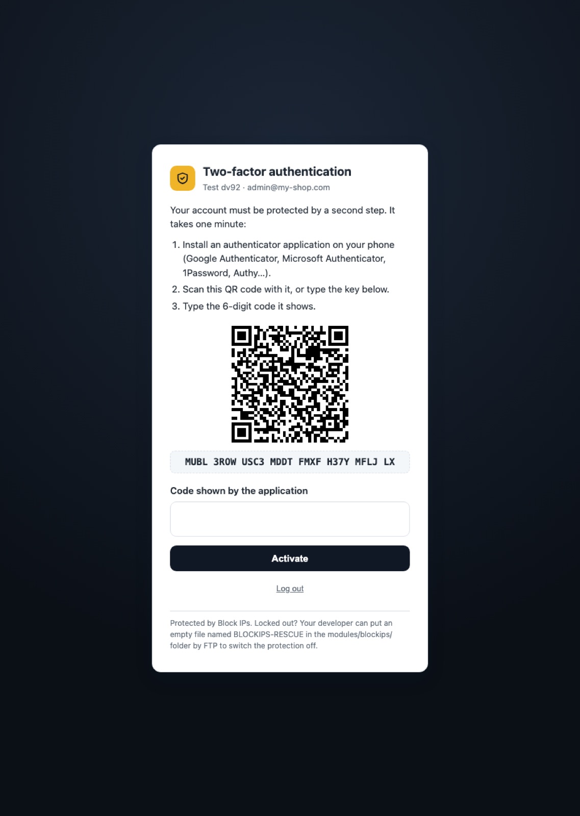 Two-factor authentication activation page