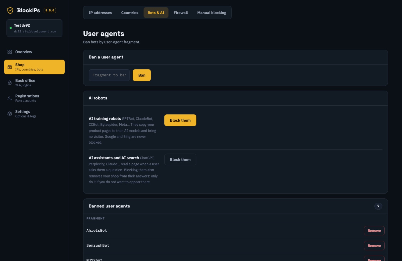 User agents and AI bots screen