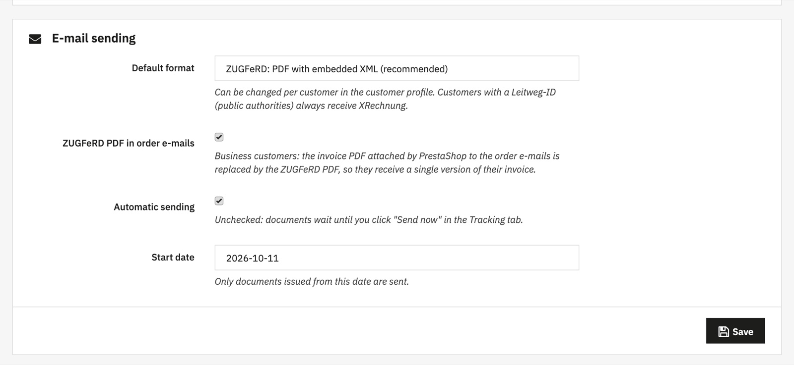 Electronic invoice sending settings