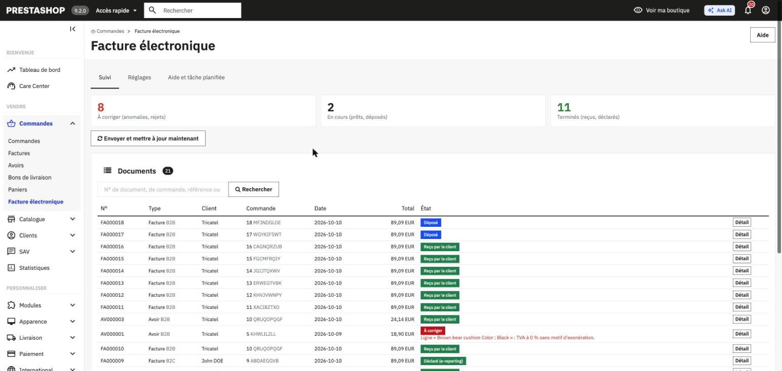Suivi des factures dans le back-office PrestaShop